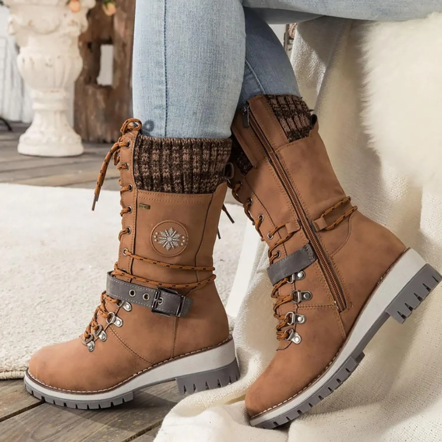 Hbeylia Lace-up Combat Boots for Women Sweater Knitted Cuff Mid-Calf Military Winter Boot Chunky Low Heels Platform Fashion Side Zip Buckles Riding Boots Walking Comfortable Hiking Outdoor Booties