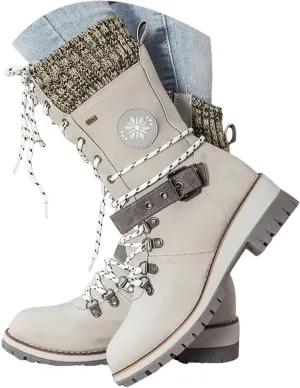Hbeylia Lace-up Combat Boots for Women Sweater Knitted Cuff Mid-Calf Military Winter Boot Chunky Low Heels Platform Fashion Side Zip Buckles Riding Boots Walking Comfortable Hiking Outdoor Booties