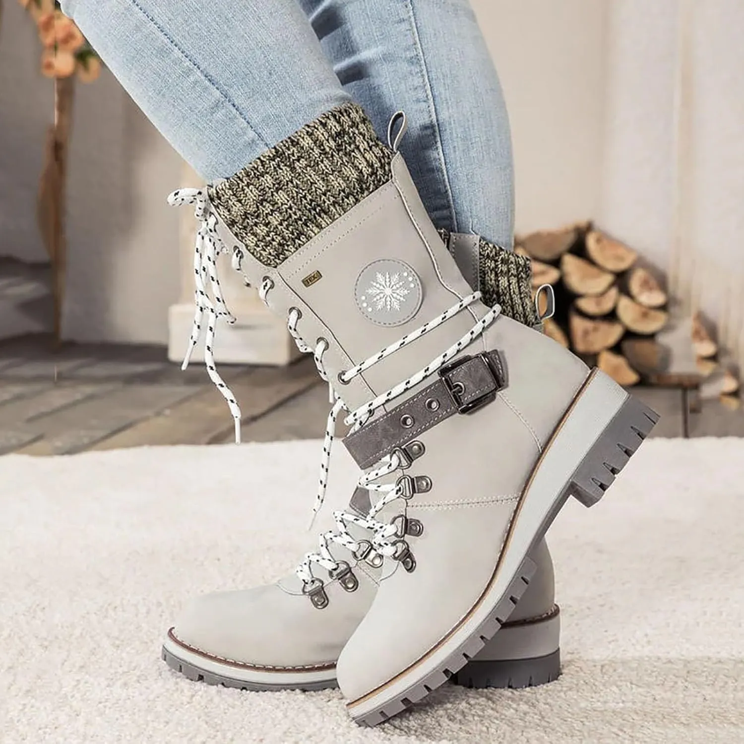 Hbeylia Lace-up Combat Boots for Women Sweater Knitted Cuff Mid-Calf Military Winter Boot Chunky Low Heels Platform Fashion Side Zip Buckles Riding Boots Walking Comfortable Hiking Outdoor Booties