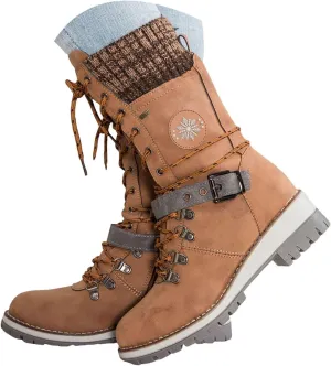 Hbeylia Lace-up Combat Boots for Women Sweater Knitted Cuff Mid-Calf Military Winter Boot Chunky Low Heels Platform Fashion Side Zip Buckles Riding Boots Walking Comfortable Hiking Outdoor Booties