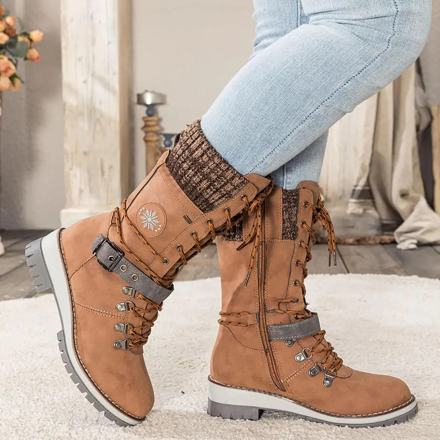 Hbeylia Lace-up Combat Boots for Women Sweater Knitted Cuff Mid-Calf Military Winter Boot Chunky Low Heels Platform Fashion Side Zip Buckles Riding Boots Walking Comfortable Hiking Outdoor Booties