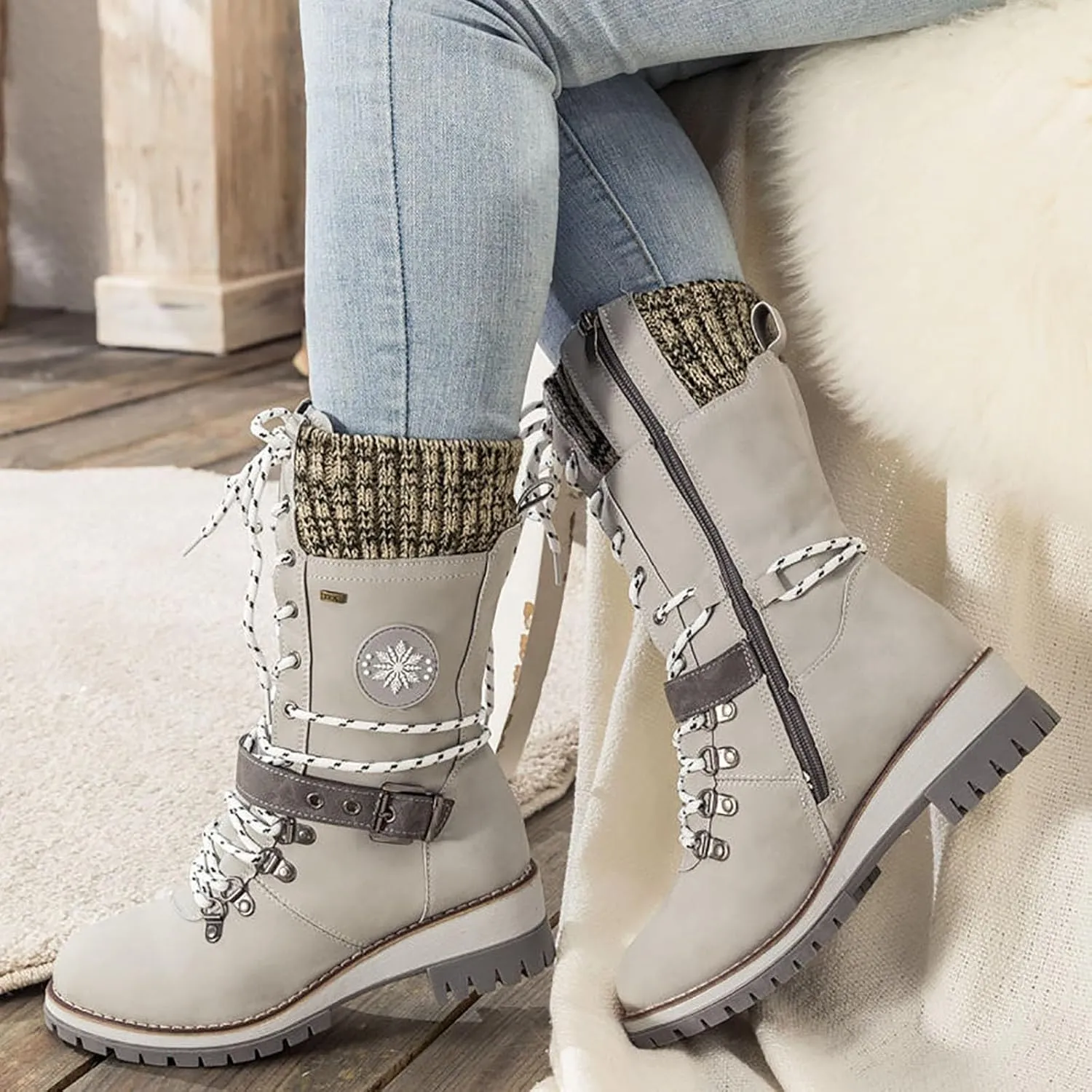 Hbeylia Lace-up Combat Boots for Women Sweater Knitted Cuff Mid-Calf Military Winter Boot Chunky Low Heels Platform Fashion Side Zip Buckles Riding Boots Walking Comfortable Hiking Outdoor Booties