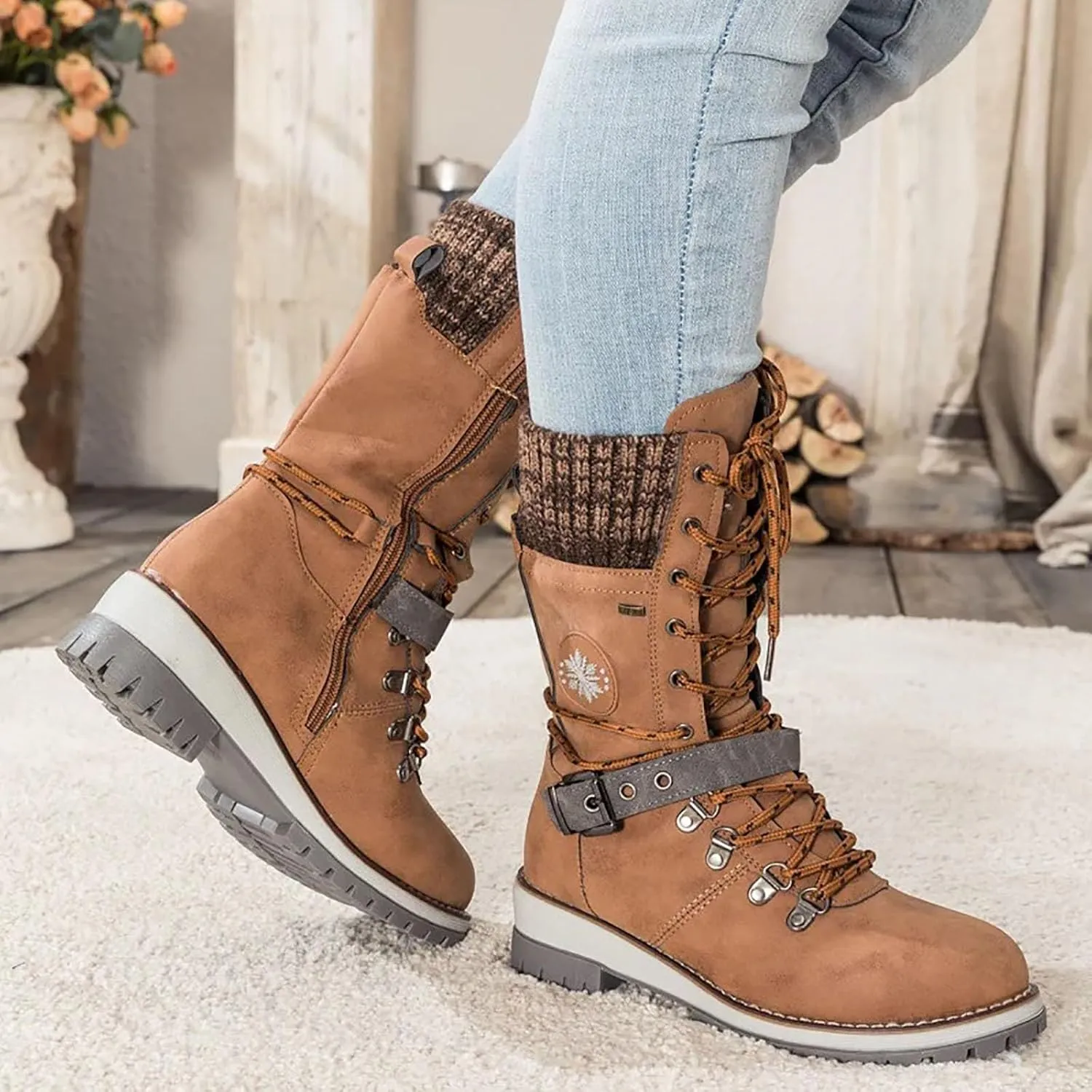 Hbeylia Lace-up Combat Boots for Women Sweater Knitted Cuff Mid-Calf Military Winter Boot Chunky Low Heels Platform Fashion Side Zip Buckles Riding Boots Walking Comfortable Hiking Outdoor Booties