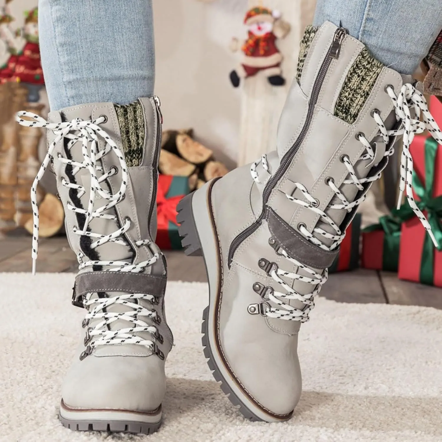 Hbeylia Lace-up Combat Boots for Women Sweater Knitted Cuff Mid-Calf Military Winter Boot Chunky Low Heels Platform Fashion Side Zip Buckles Riding Boots Walking Comfortable Hiking Outdoor Booties
