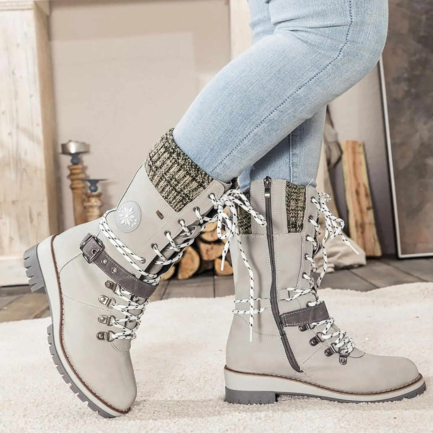 Hbeylia Lace-up Combat Boots for Women Sweater Knitted Cuff Mid-Calf Military Winter Boot Chunky Low Heels Platform Fashion Side Zip Buckles Riding Boots Walking Comfortable Hiking Outdoor Booties
