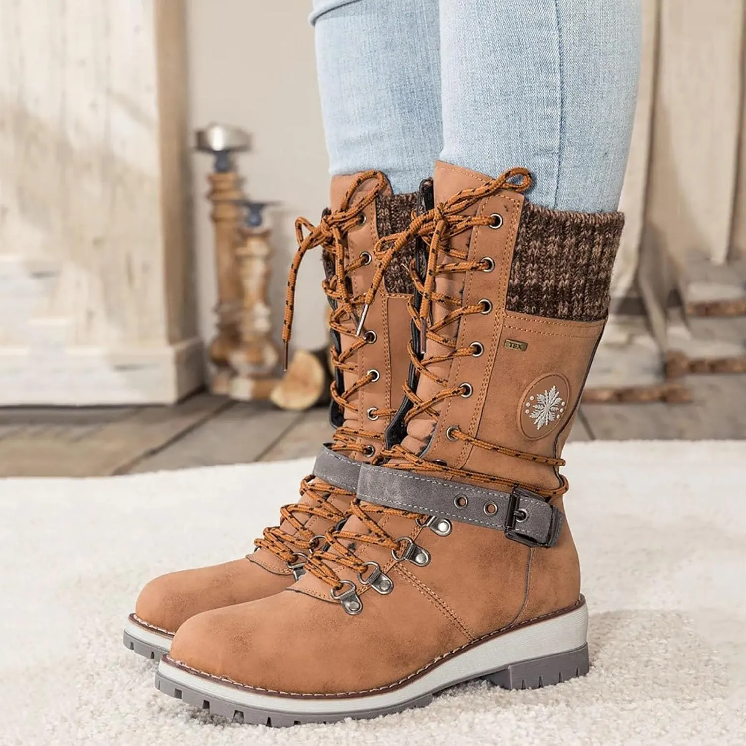 Hbeylia Lace-up Combat Boots for Women Sweater Knitted Cuff Mid-Calf Military Winter Boot Chunky Low Heels Platform Fashion Side Zip Buckles Riding Boots Walking Comfortable Hiking Outdoor Booties
