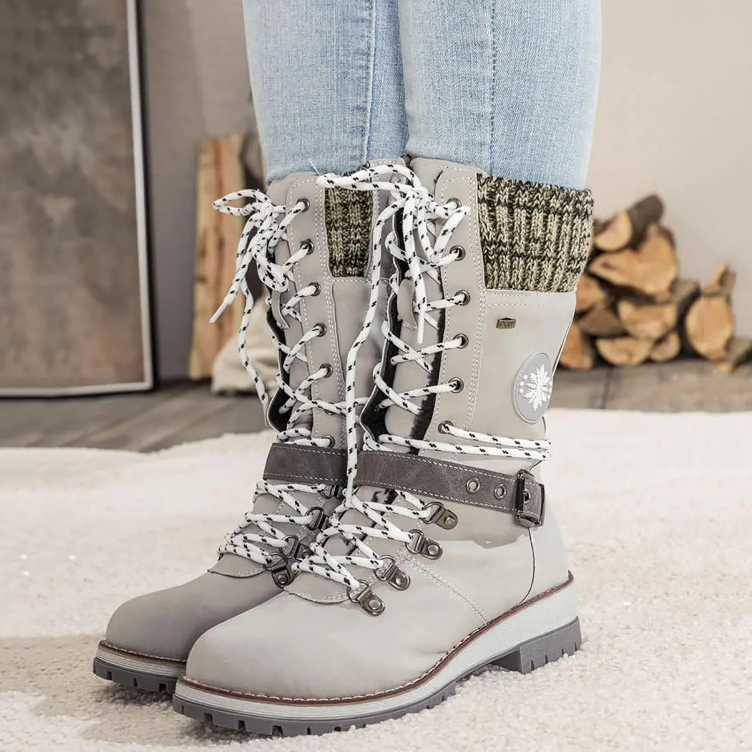 Hbeylia Lace-up Combat Boots for Women Sweater Knitted Cuff Mid-Calf Military Winter Boot Chunky Low Heels Platform Fashion Side Zip Buckles Riding Boots Walking Comfortable Hiking Outdoor Booties