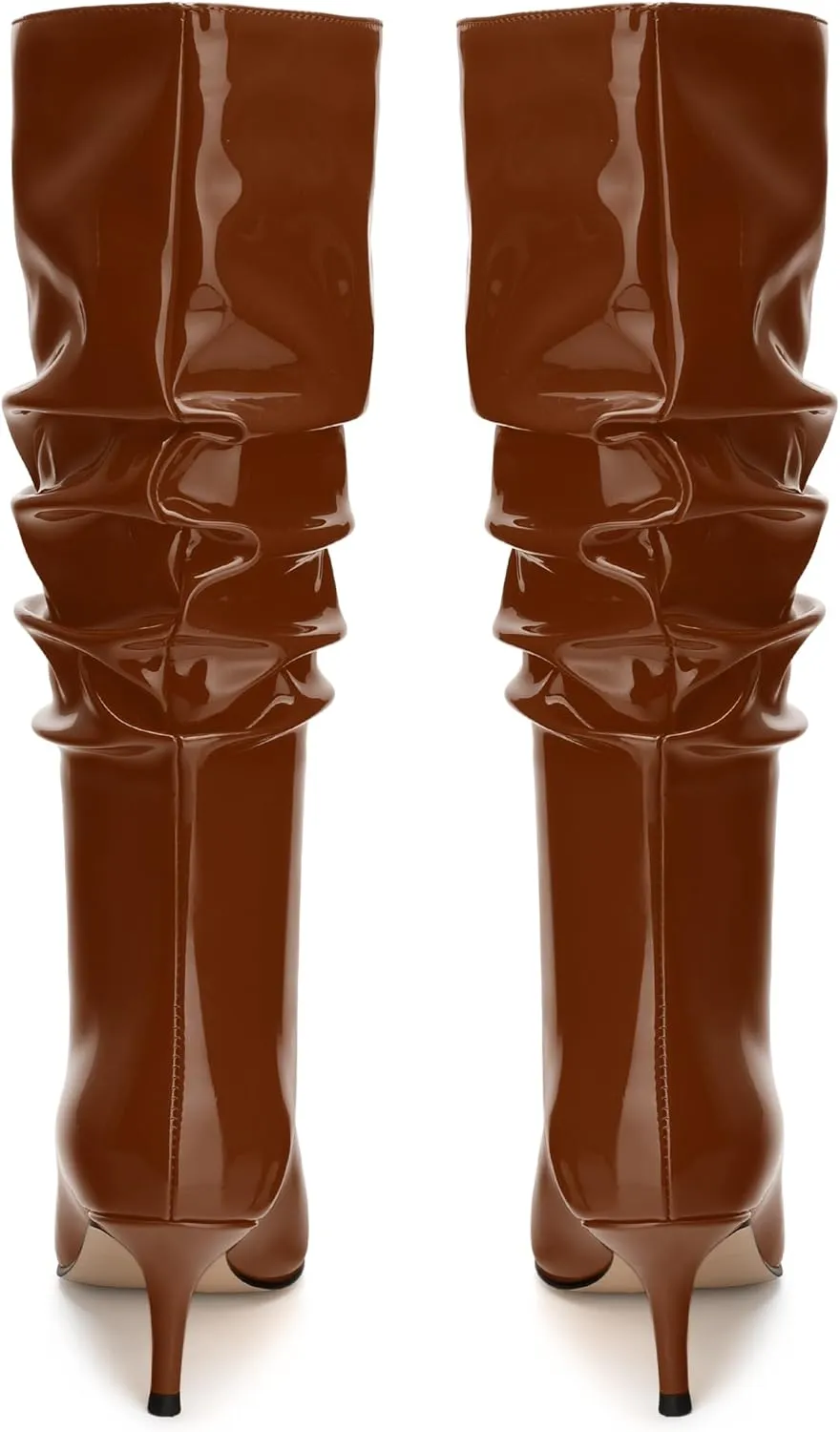 JUSTDANNI Mid Calf Boots for Women Slouchy Kitten Heel Pointed Toe Boots Pull On Patent Party Shopping Dating Under Knee High Boots