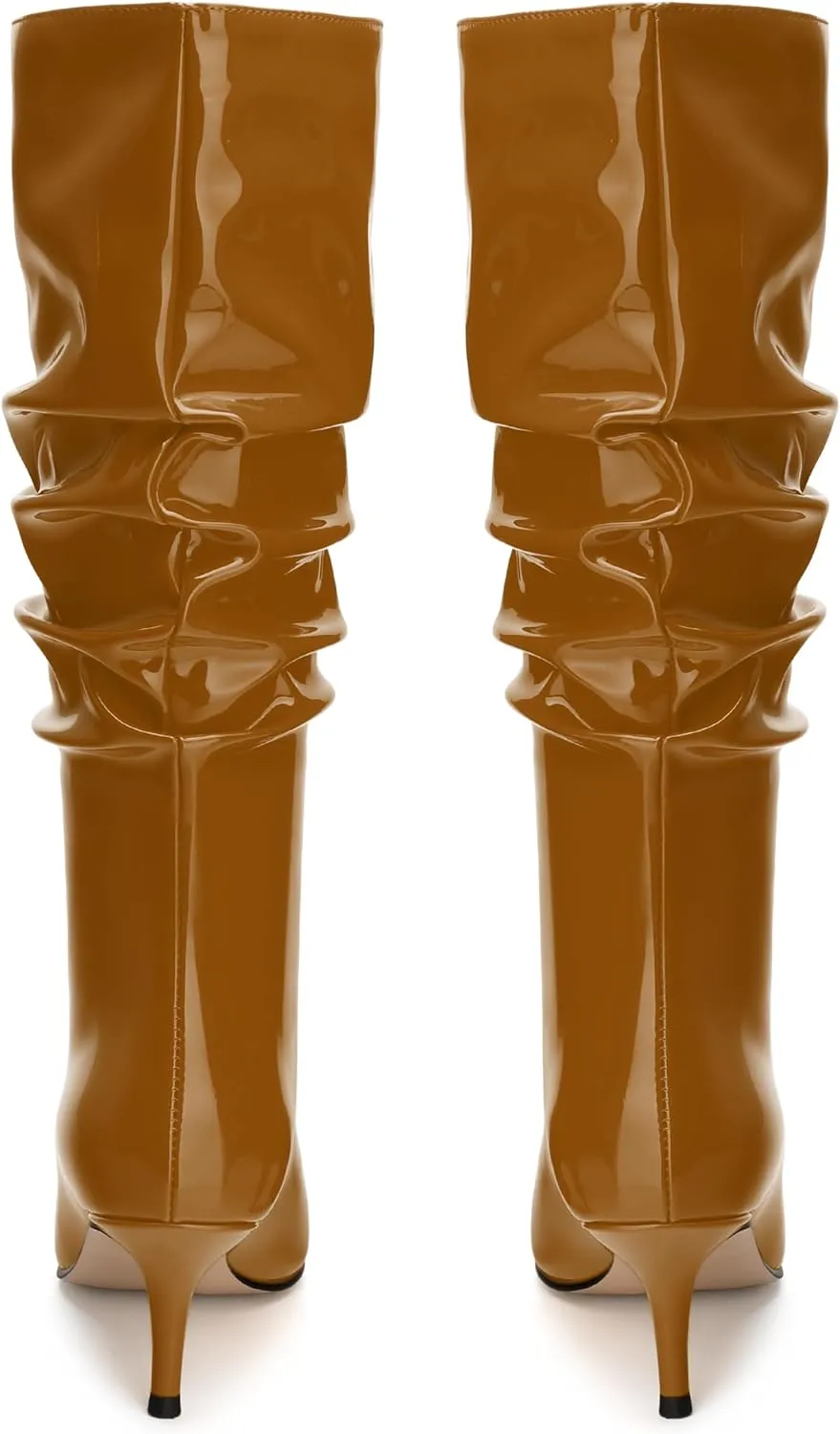 JUSTDANNI Mid Calf Boots for Women Slouchy Kitten Heel Pointed Toe Boots Pull On Patent Party Shopping Dating Under Knee High Boots
