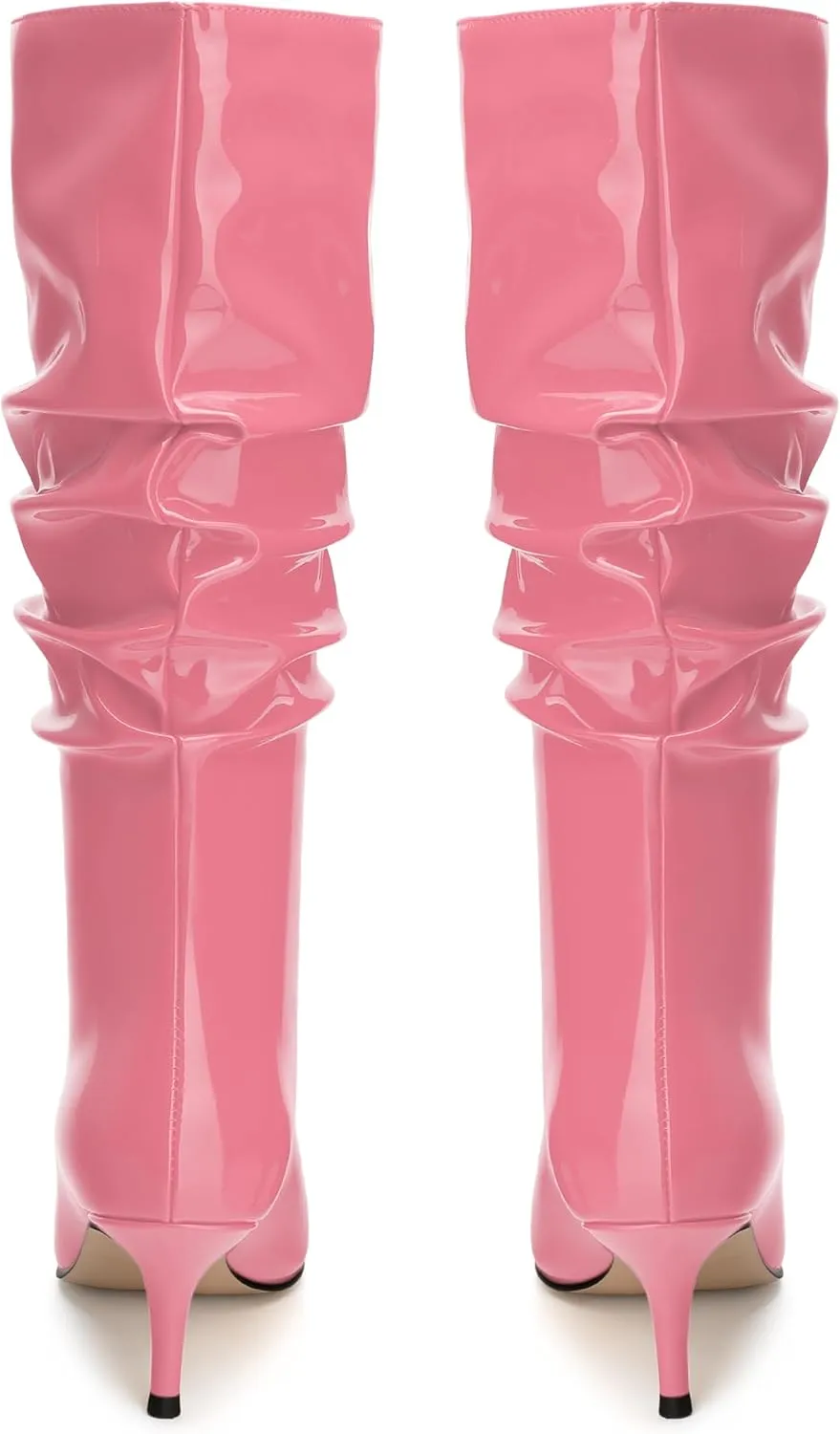 JUSTDANNI Mid Calf Boots for Women Slouchy Kitten Heel Pointed Toe Boots Pull On Patent Party Shopping Dating Under Knee High Boots