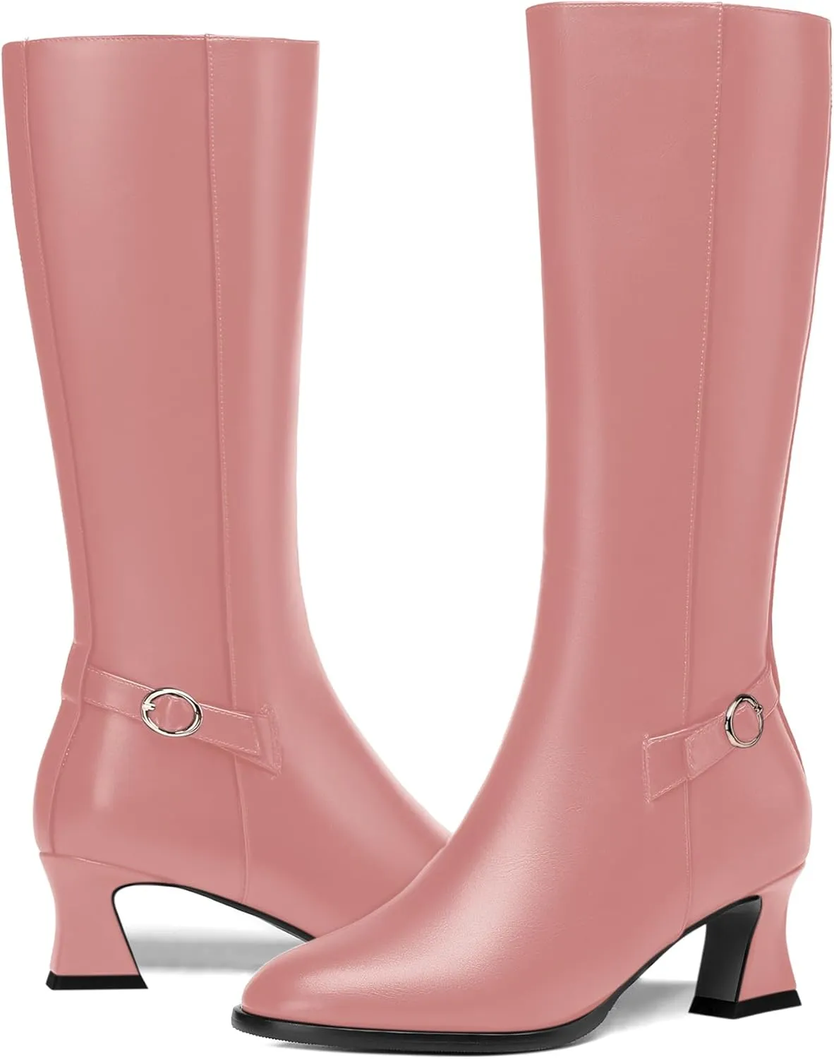 KUOARN Womens Matte Round Toe Solid Cute Ankle Strap Zip Night Club Kitten Low Heel Mid Calf Boots 2 Inch
