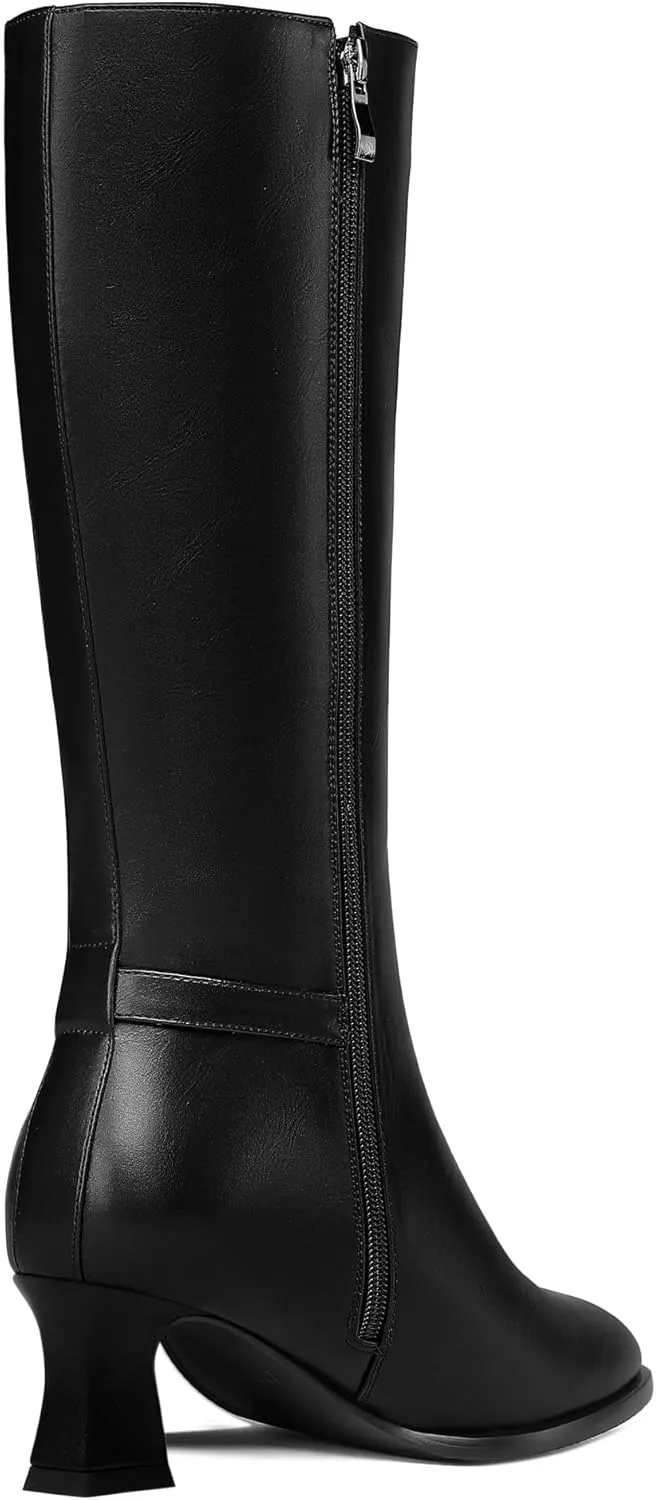 KUOARN Womens Matte Round Toe Solid Cute Ankle Strap Zip Night Club Kitten Low Heel Mid Calf Boots 2 Inch