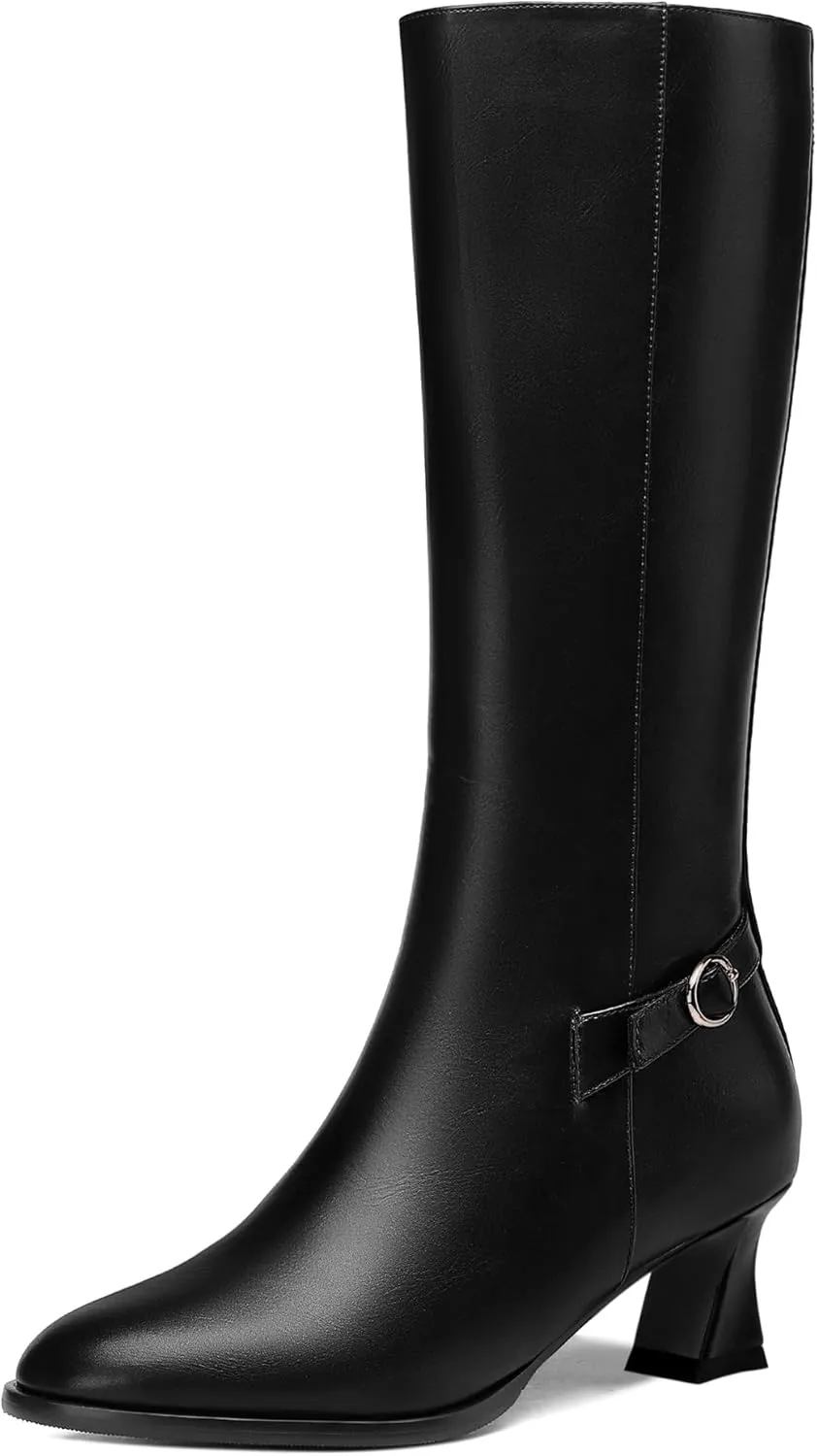 KUOARN Womens Matte Round Toe Solid Cute Ankle Strap Zip Night Club Kitten Low Heel Mid Calf Boots 2 Inch