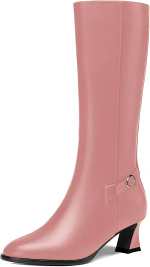 KUOARN Womens Matte Round Toe Solid Cute Ankle Strap Zip Night Club Kitten Low Heel Mid Calf Boots 2 Inch