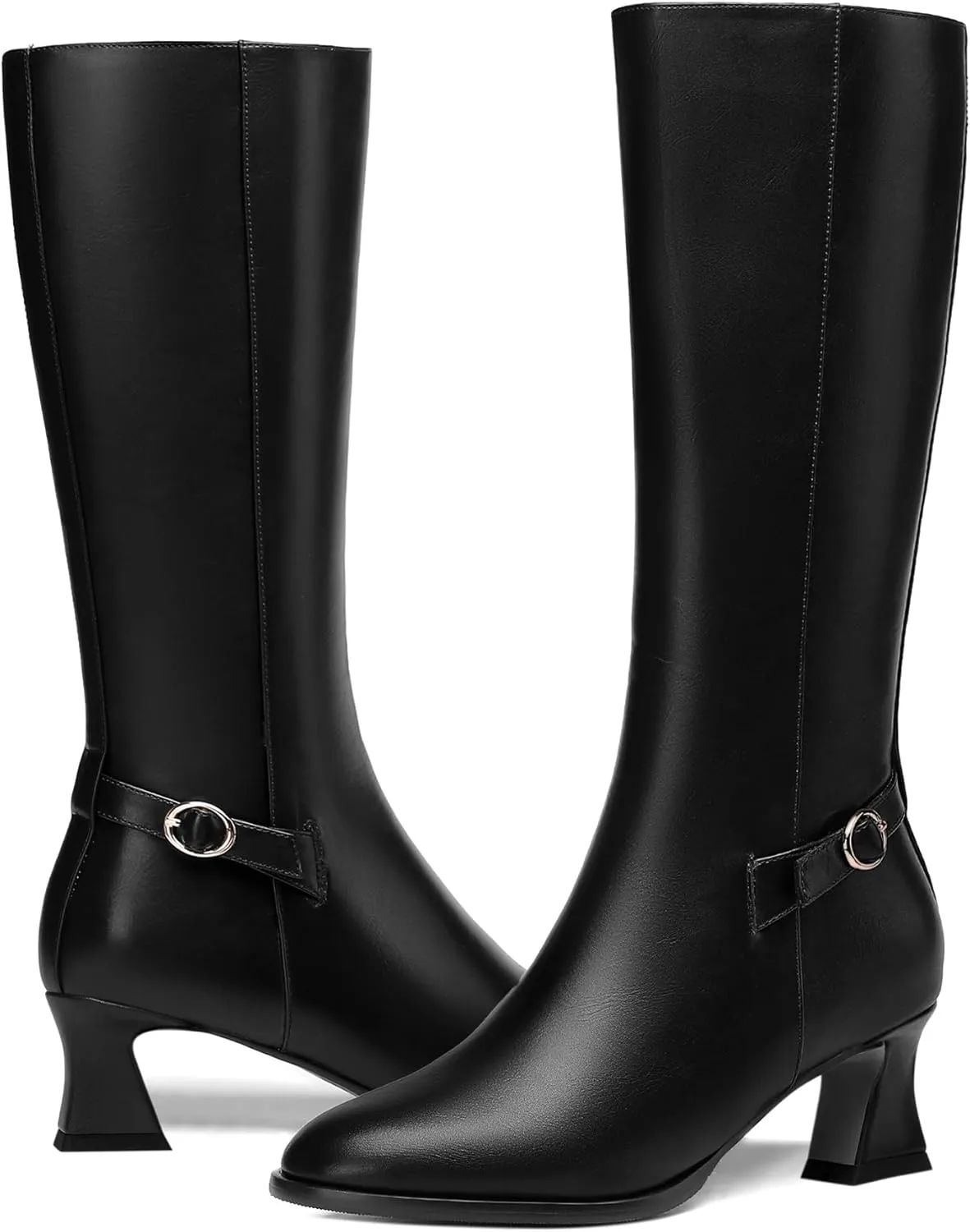 KUOARN Womens Matte Round Toe Solid Cute Ankle Strap Zip Night Club Kitten Low Heel Mid Calf Boots 2 Inch