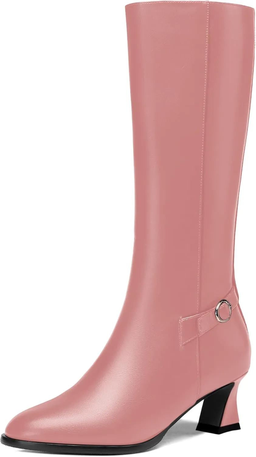 KUOARN Womens Matte Round Toe Solid Cute Ankle Strap Zip Night Club Kitten Low Heel Mid Calf Boots 2 Inch