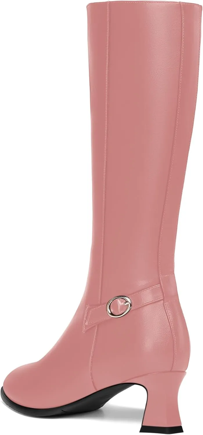 KUOARN Womens Matte Round Toe Solid Cute Ankle Strap Zip Night Club Kitten Low Heel Mid Calf Boots 2 Inch