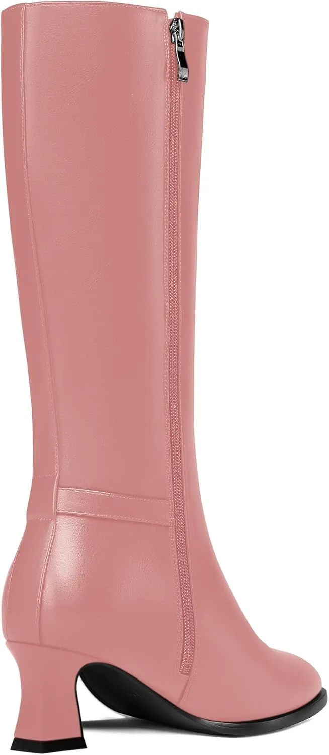 KUOARN Womens Matte Round Toe Solid Cute Ankle Strap Zip Night Club Kitten Low Heel Mid Calf Boots 2 Inch