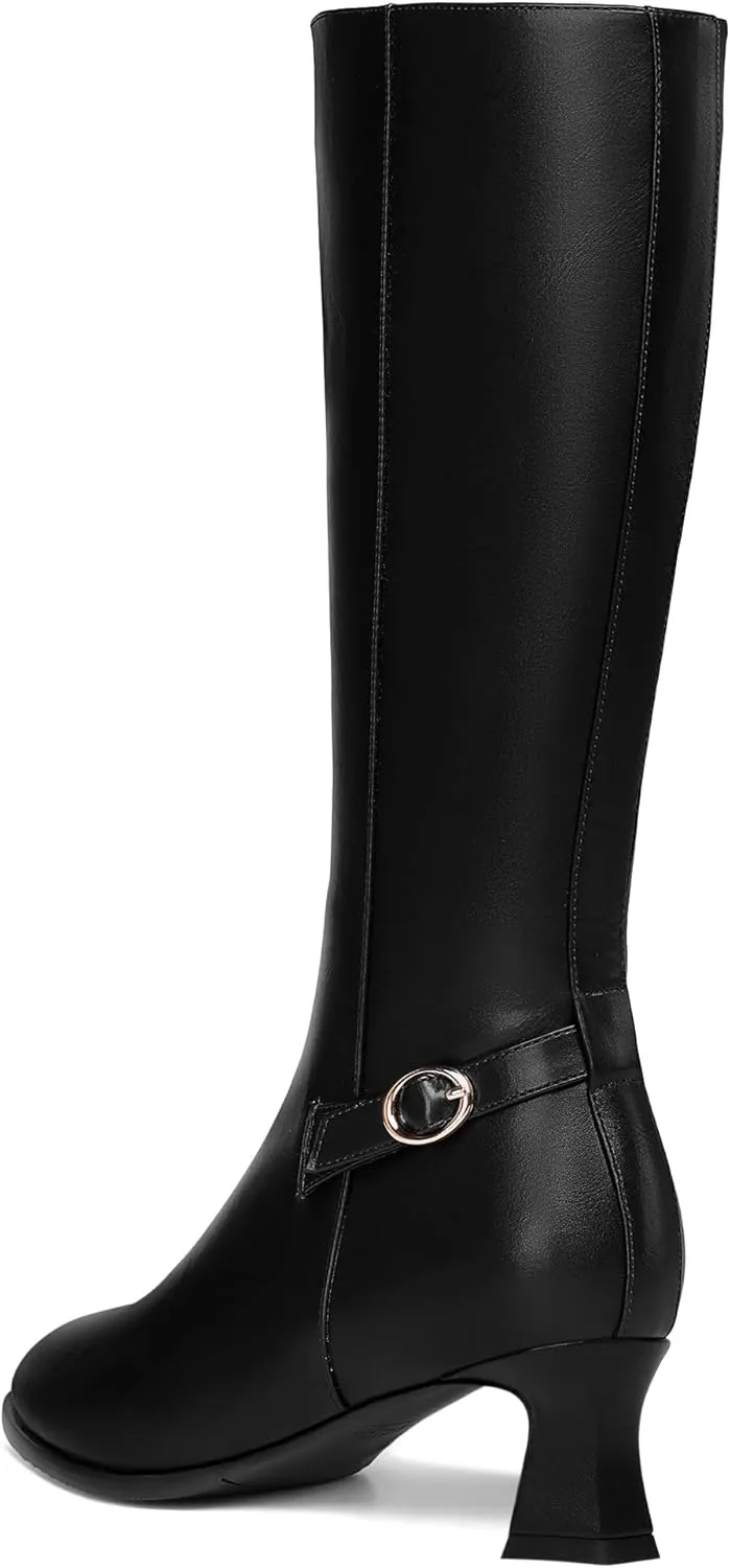 KUOARN Womens Matte Round Toe Solid Cute Ankle Strap Zip Night Club Kitten Low Heel Mid Calf Boots 2 Inch