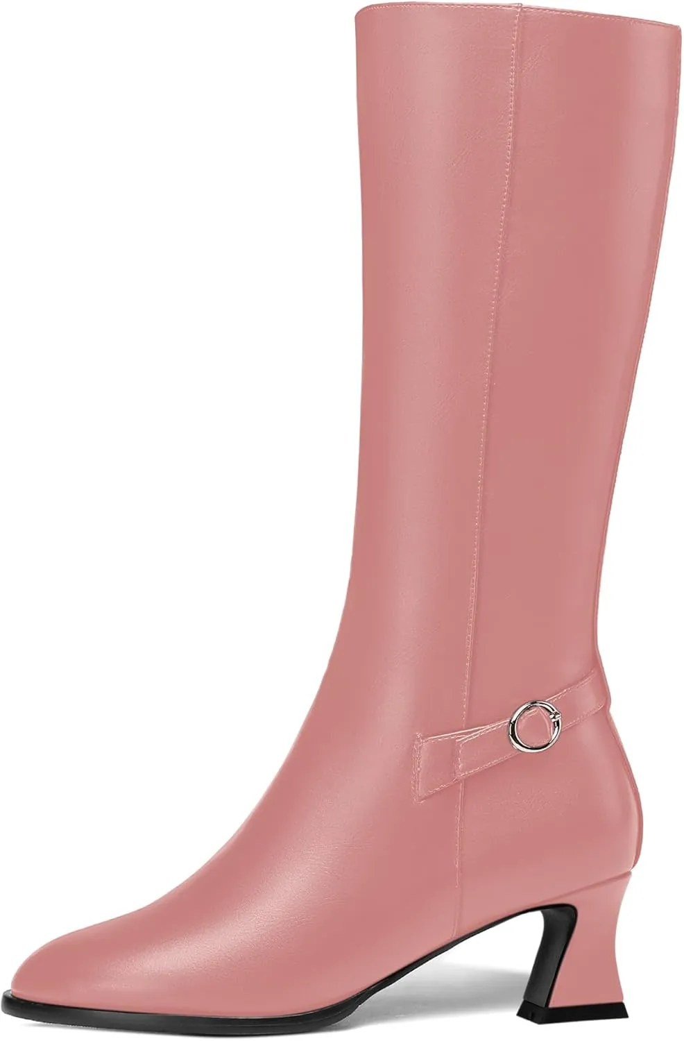 KUOARN Womens Matte Round Toe Solid Cute Ankle Strap Zip Night Club Kitten Low Heel Mid Calf Boots 2 Inch