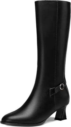 KUOARN Womens Matte Round Toe Solid Cute Ankle Strap Zip Night Club Kitten Low Heel Mid Calf Boots 2 Inch
