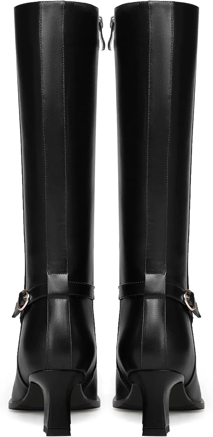 KUOARN Womens Matte Round Toe Solid Cute Ankle Strap Zip Night Club Kitten Low Heel Mid Calf Boots 2 Inch