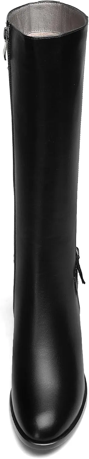 KUOARN Womens Matte Round Toe Solid Cute Ankle Strap Zip Night Club Kitten Low Heel Mid Calf Boots 2 Inch