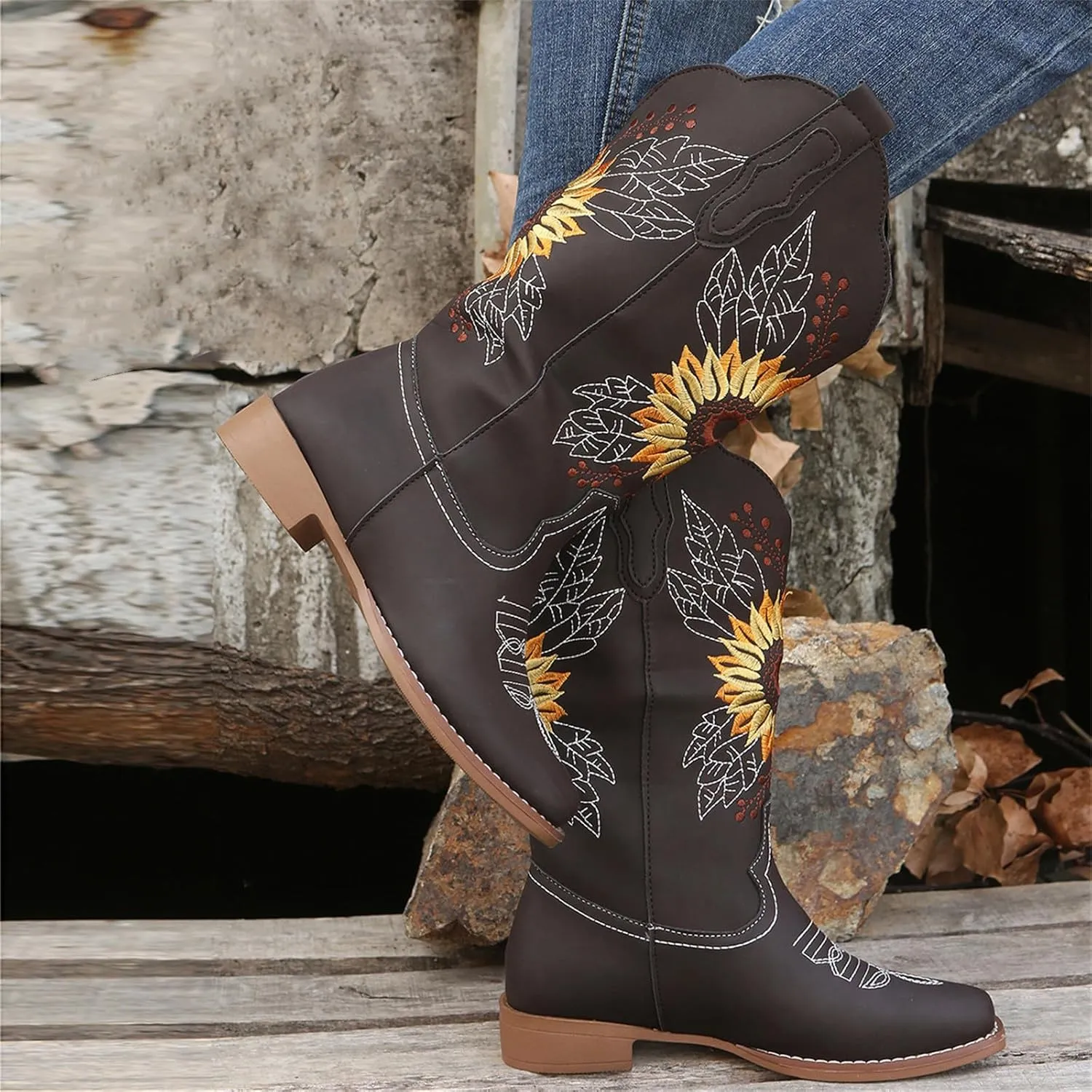 Ladmiple Cowgirl Boots Women Mid Calf Sunflower Embroidered Western Cowboy Boots Chunky Heel Pull On Fashion Western Boots