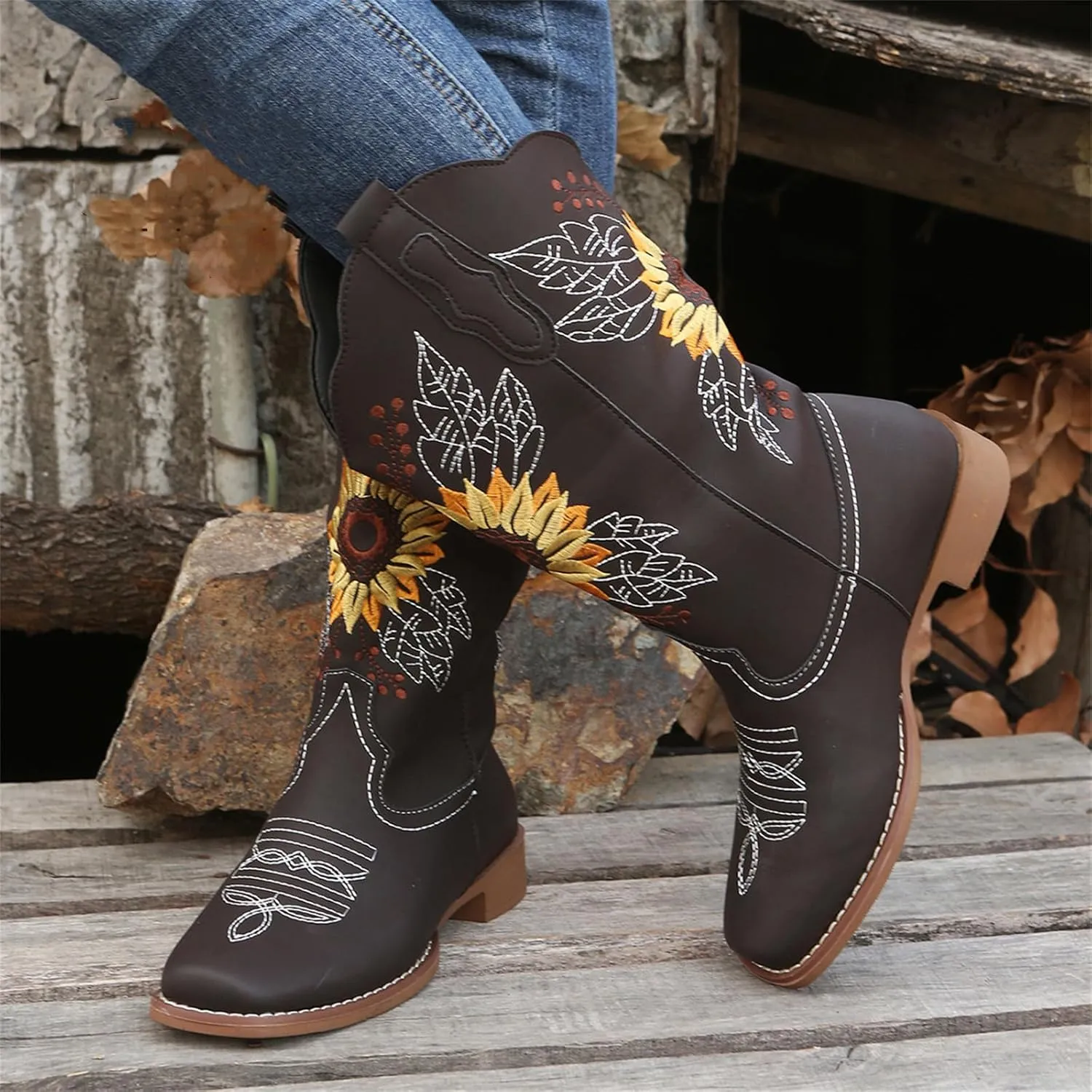 Ladmiple Cowgirl Boots Women Mid Calf Sunflower Embroidered Western Cowboy Boots Chunky Heel Pull On Fashion Western Boots