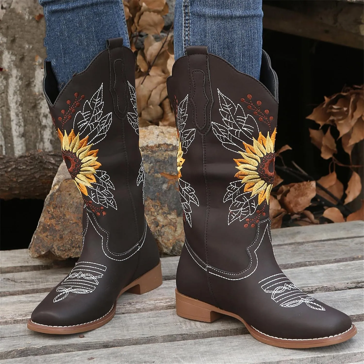 Ladmiple Cowgirl Boots Women Mid Calf Sunflower Embroidered Western Cowboy Boots Chunky Heel Pull On Fashion Western Boots