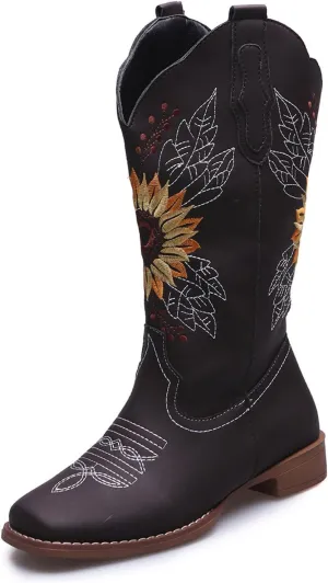 Ladmiple Cowgirl Boots Women Mid Calf Sunflower Embroidered Western Cowboy Boots Chunky Heel Pull On Fashion Western Boots