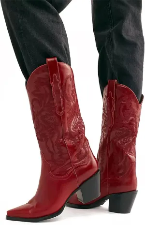Lausiuoe Cowboy Boots For Women Wide Calf Wide Foot Embroidered Pull-On Chunky Heel Cowgirl Knee High Western Boots