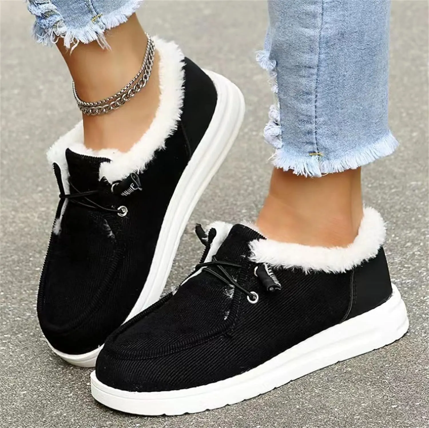 Lausiuoe Snow Boots For Women Cute Fur Lined Classic Fuzzy Fashion Winter Slip On Ankle Booties Fashion Warm Shoes Loafers