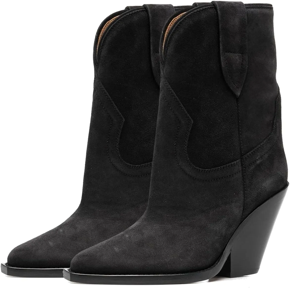 LEHOOR Women Cowboy Boots High Chunky Stacked Heel Western Mid calf Boots Pointy Closed Toe Wide Calf Pull On Suede Cowgirl Boot V Cut Dressy Winter Fall Short Riding Boots Vintage Classic 4-11 M US