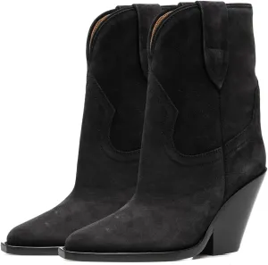 LEHOOR Women Cowboy Boots High Chunky Stacked Heel Western Mid calf Boots Pointy Closed Toe Wide Calf Pull On Suede Cowgirl Boot V Cut Dressy Winter Fall Short Riding Boots Vintage Classic 4-11 M US