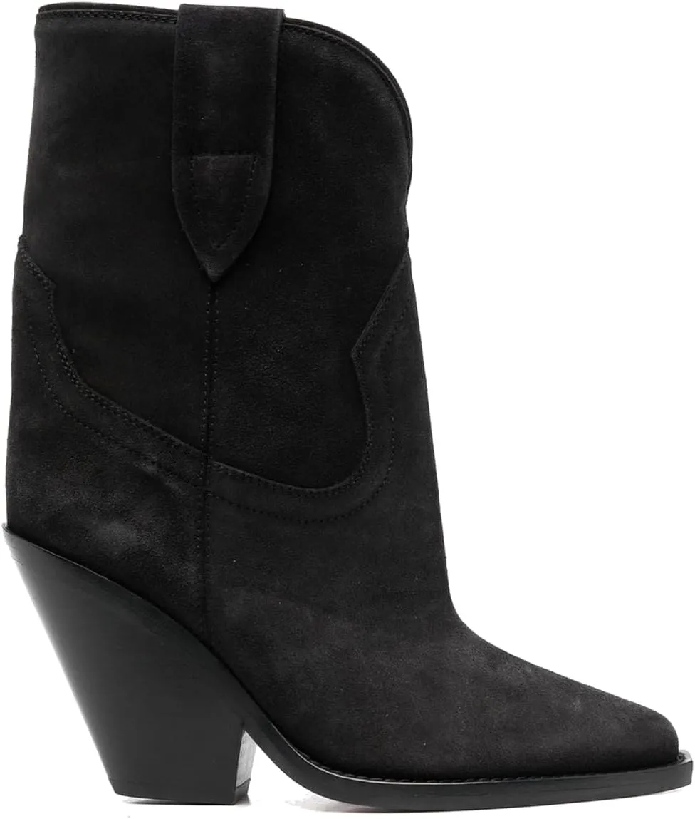LEHOOR Women Cowboy Boots High Chunky Stacked Heel Western Mid calf Boots Pointy Closed Toe Wide Calf Pull On Suede Cowgirl Boot V Cut Dressy Winter Fall Short Riding Boots Vintage Classic 4-11 M US