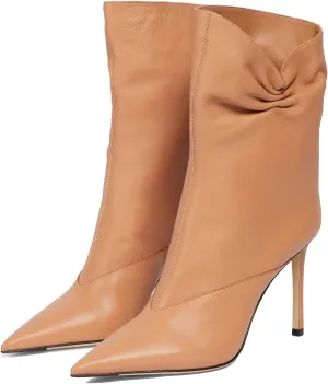 LEHOOR Women High heel Mid Calf Boots Pointed Toe Pull On Pleated Short Dress Boots Stiletto Heels Wide Calf Slip On Western Boots Ladies Dressy Elegant Comfort Wedding Fall Winter Shoes 4-11 M US