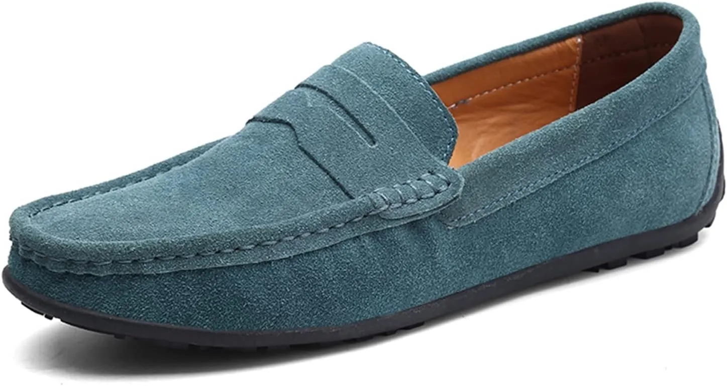Loafer Shoes for Men Genuine Leather Stitching Details Round Toe Suede Vamp Penny Loafer Rubber Sole Resistant Flexible Flat Heel Lightweight Casual (Color : Green, Size : 9)