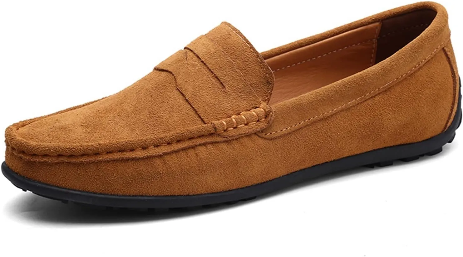 Loafer Shoes for Men Genuine Leather Stitching Details Round Toe Suede Vamp Penny Loafer Rubber Sole Resistant Flexible Flat Heel Lightweight Casual (Color : Light Brown, Size : 6.5)