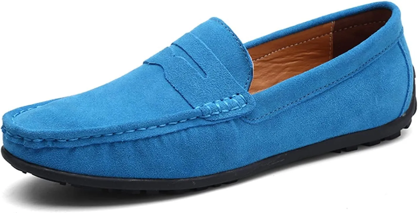 Loafer Shoes for Men Genuine Leather Stitching Details Round Toe Suede Vamp Penny Loafer Rubber Sole Resistant Flexible Flat Heel Lightweight Casual (Color : Royal Blue, Size : 10)