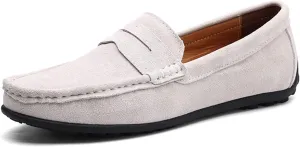 Loafer Shoes for Men Genuine Leather Stitching Details Round Toe Suede Vamp Penny Loafer Rubber Sole Resistant Flexible Flat Heel Lightweight Casual (Color : White, Size : 8.5)