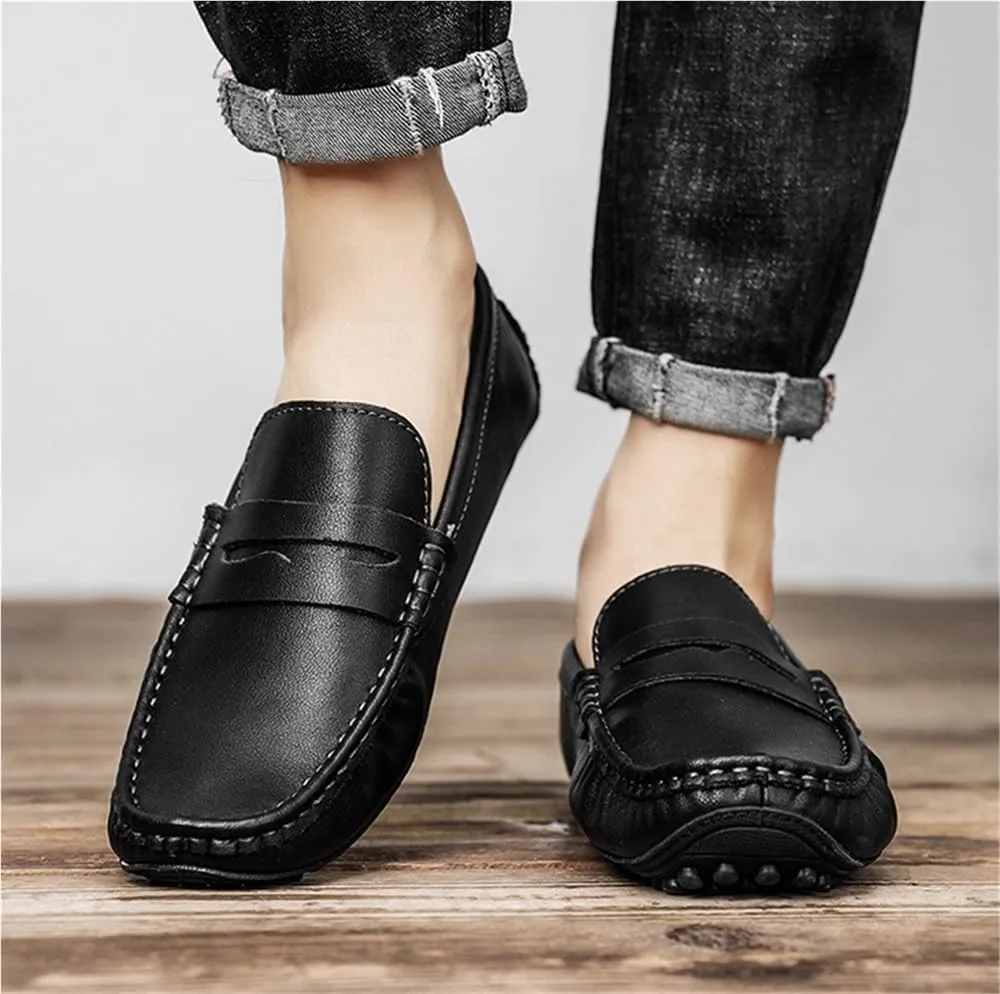 Loafers for Men Square Toe Leather Driving Loafers Flat Heel Resistant Anti-Slip Outdoor Slip On