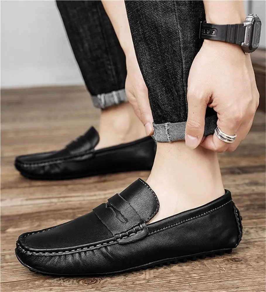 Loafers for Men Square Toe Leather Driving Loafers Flat Heel Resistant Anti-Slip Outdoor Slip On