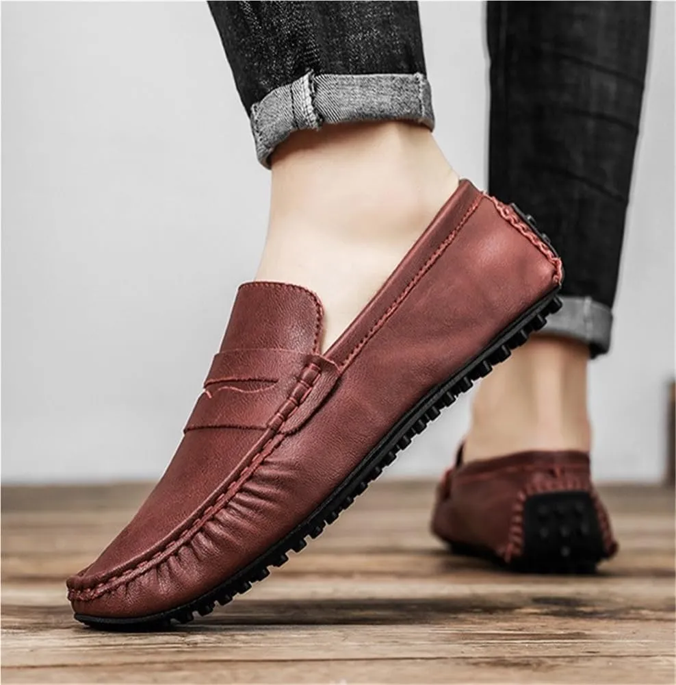 Loafers for Men Square Toe Leather Driving Loafers Flat Heel Resistant Anti-Slip Outdoor Slip On
