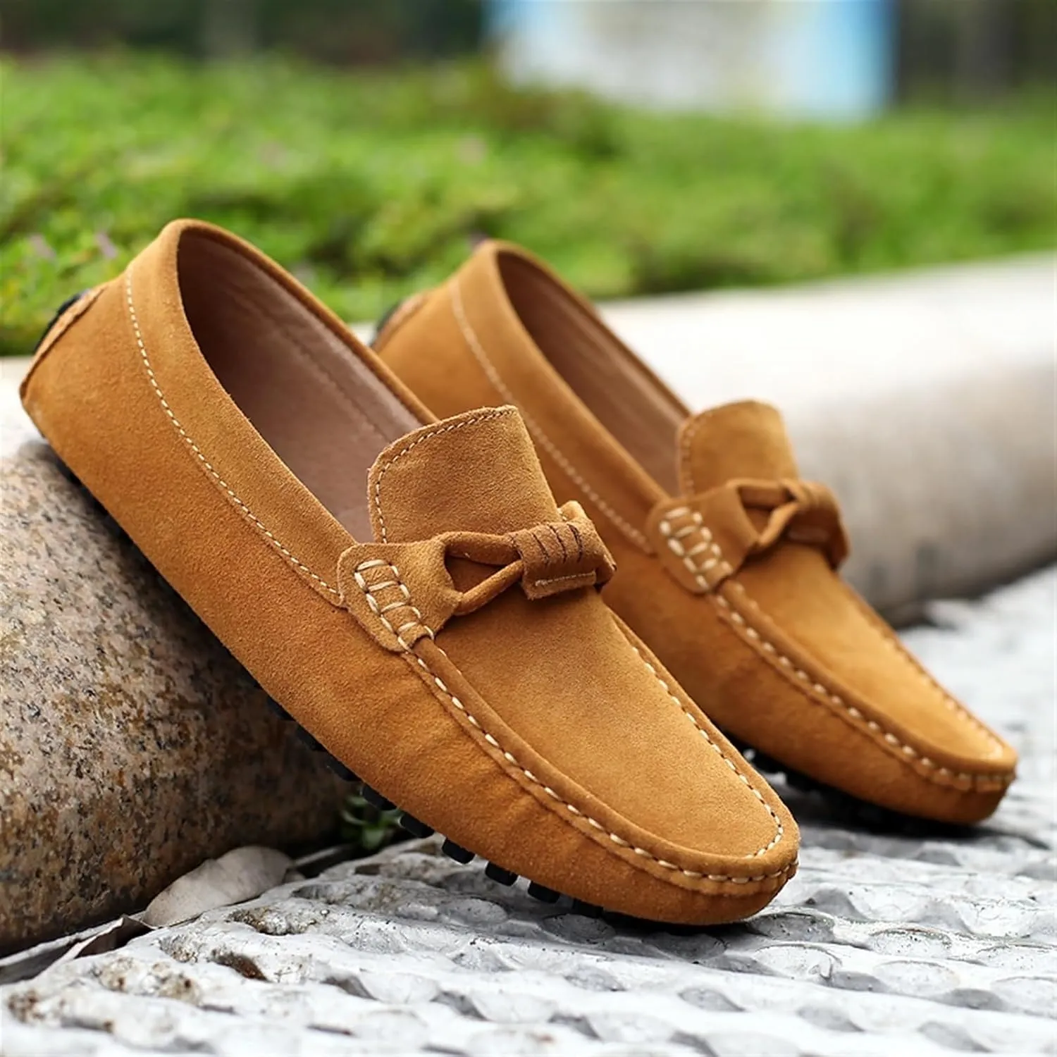 Men's Driving Loafers - Round Toe Suede Slip-Ons with Flexible Fit, Flat Heel, Anti-Slip Sole, and Classic Style for Weddings and Casual Wear
