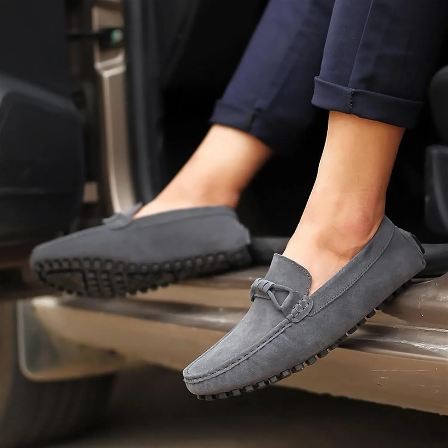 Men's Driving Loafers - Round Toe Suede Slip-Ons with Flexible Fit, Flat Heel, Anti-Slip Sole, and Classic Style for Weddings and Casual Wear