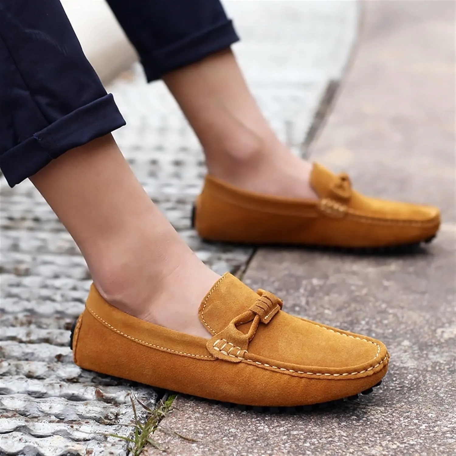 Men's Driving Loafers - Round Toe Suede Slip-Ons with Flexible Fit, Flat Heel, Anti-Slip Sole, and Classic Style for Weddings and Casual Wear