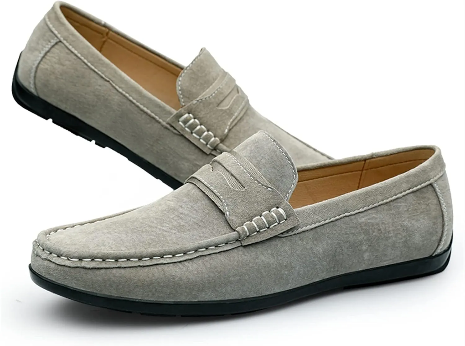 Mens Loafers Shoe Genuine Leather Penny Loafer Suede Vamp Stitching Details Round Toe Flat Heel Comfortable Slip Resistant Casual Slip-on