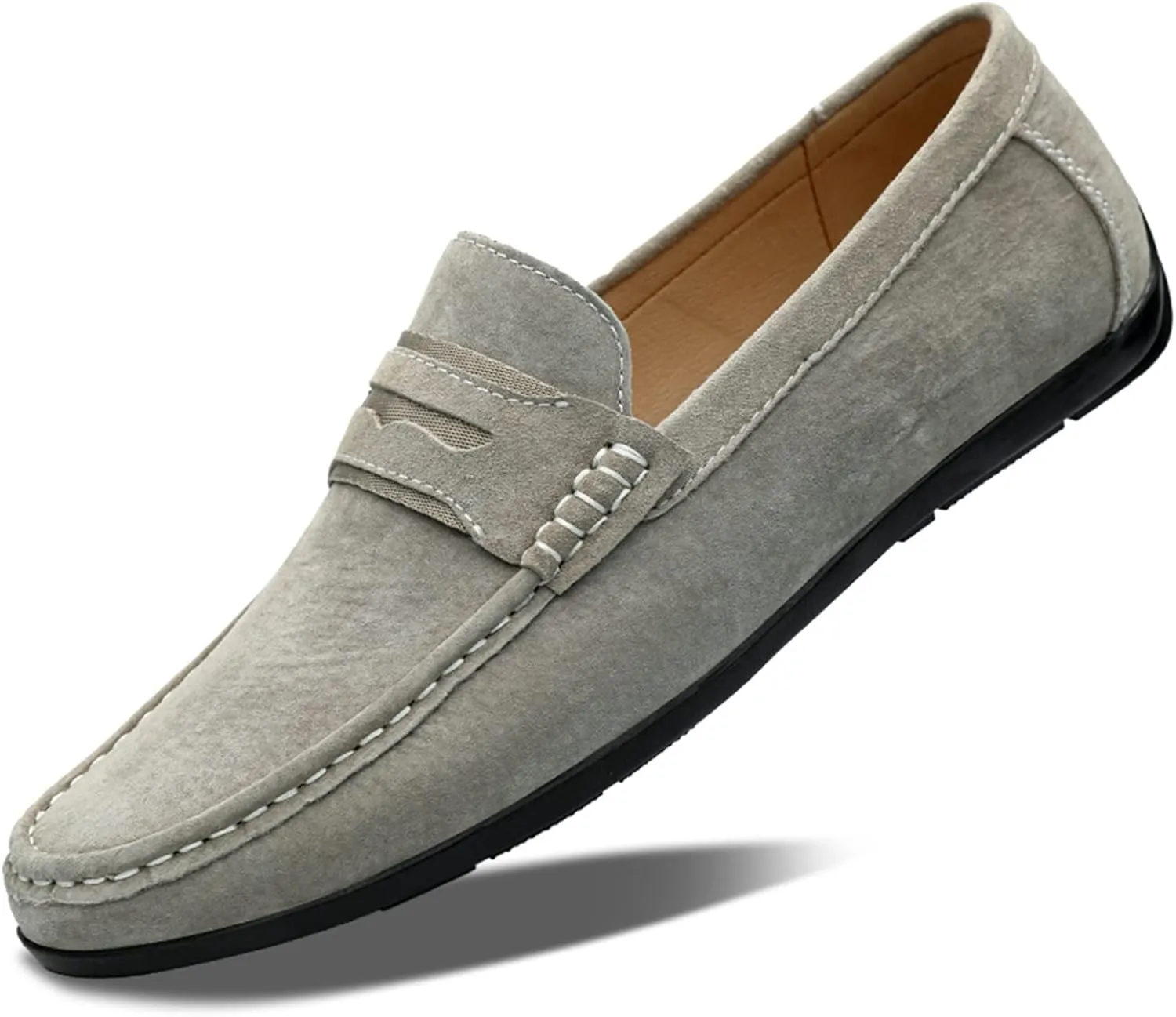 Mens Loafers Shoe Genuine Leather Penny Loafer Suede Vamp Stitching Details Round Toe Flat Heel Comfortable Slip Resistant Casual Slip-on