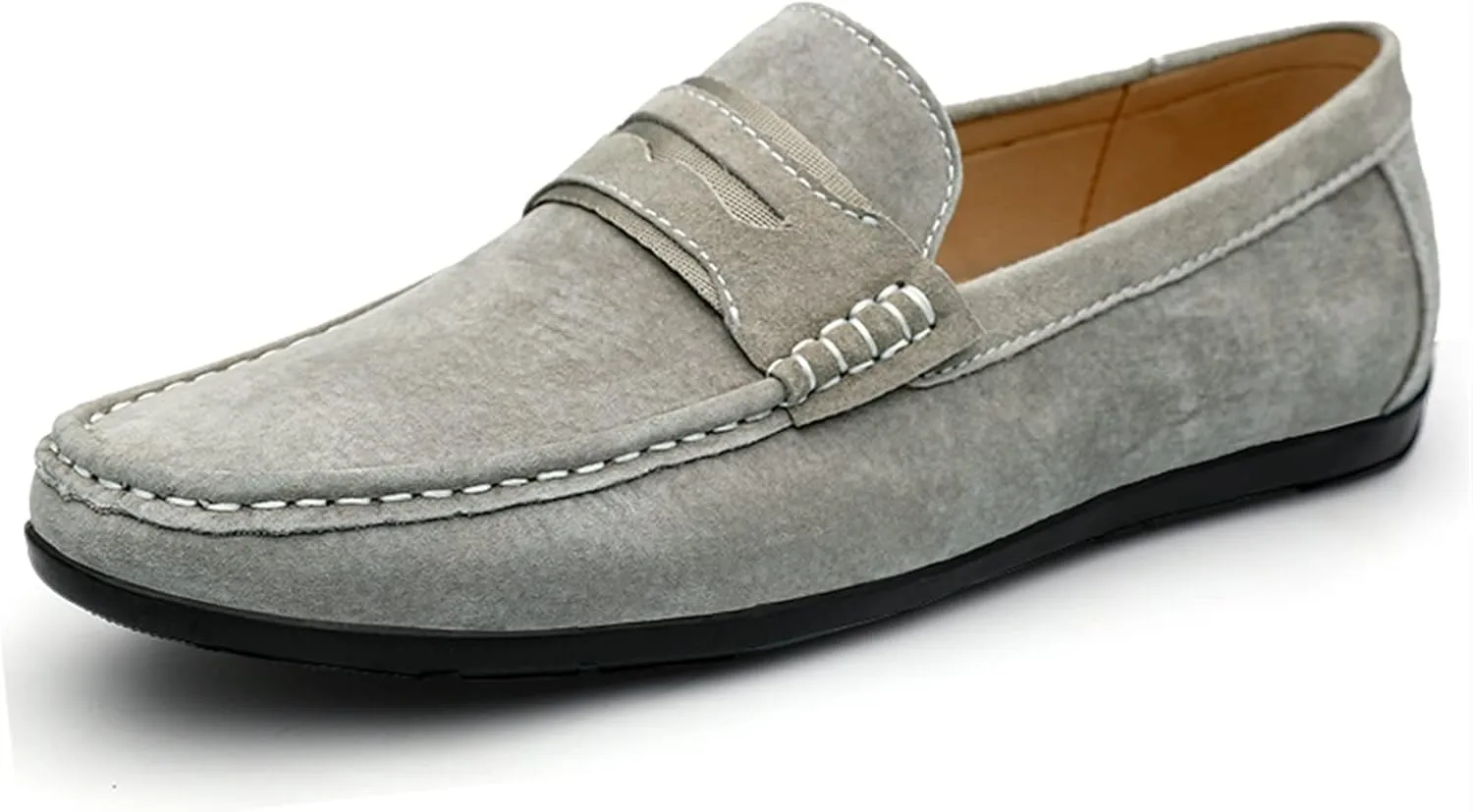 Mens Loafers Shoe Genuine Leather Penny Loafer Suede Vamp Stitching Details Round Toe Flat Heel Comfortable Slip Resistant Casual Slip-on